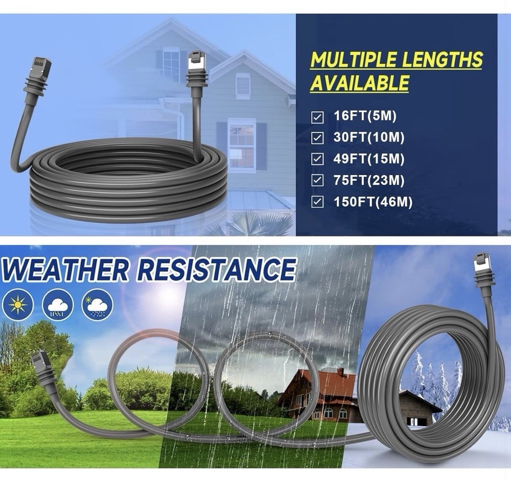 Cable for Rectangular Satellite Gen3, IP68 1200Mbps With End Internet Kit 150FT