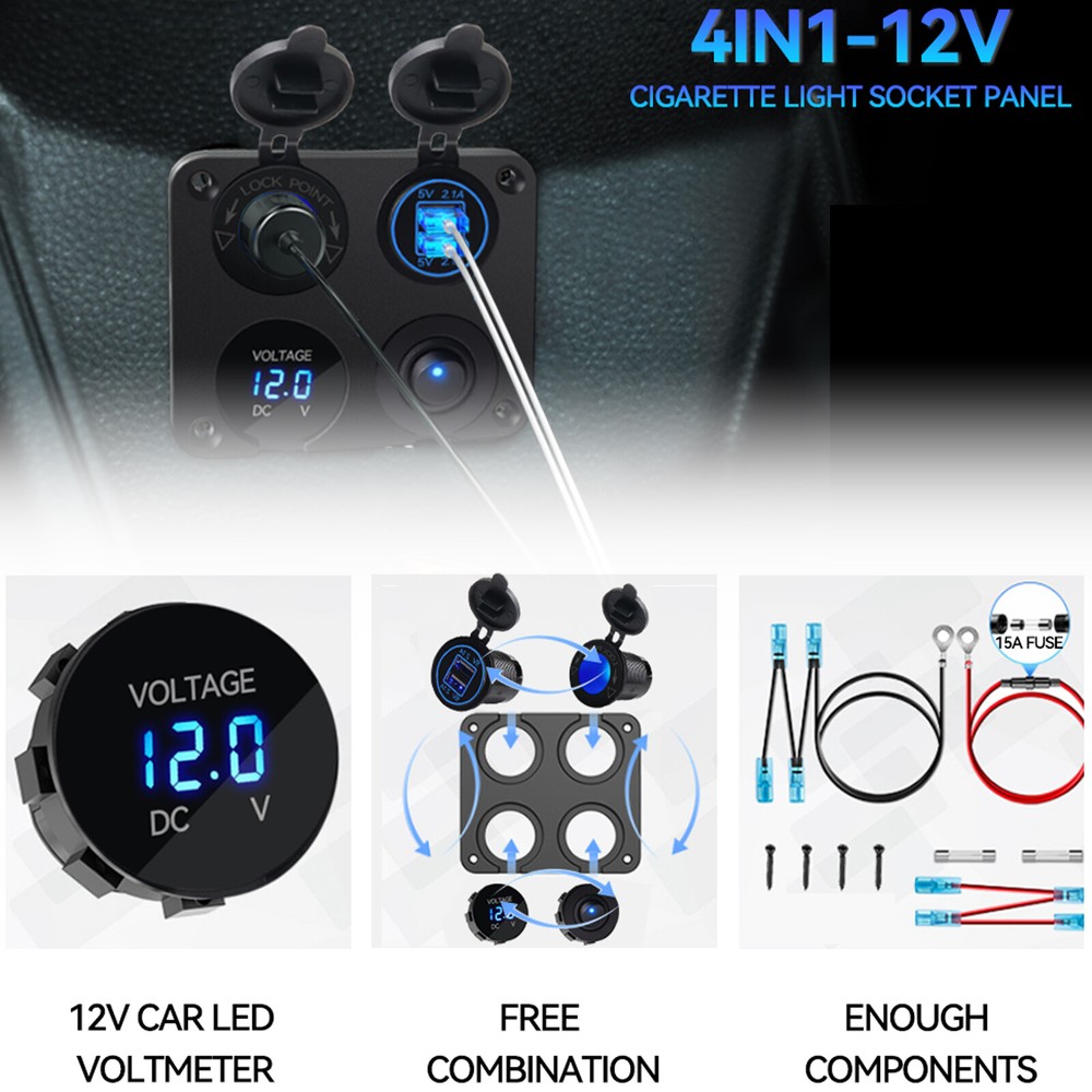 12V 4 In 1 Panel Dual USB Charger LED Voltmeter Cigarette Lighter Socket Outlet