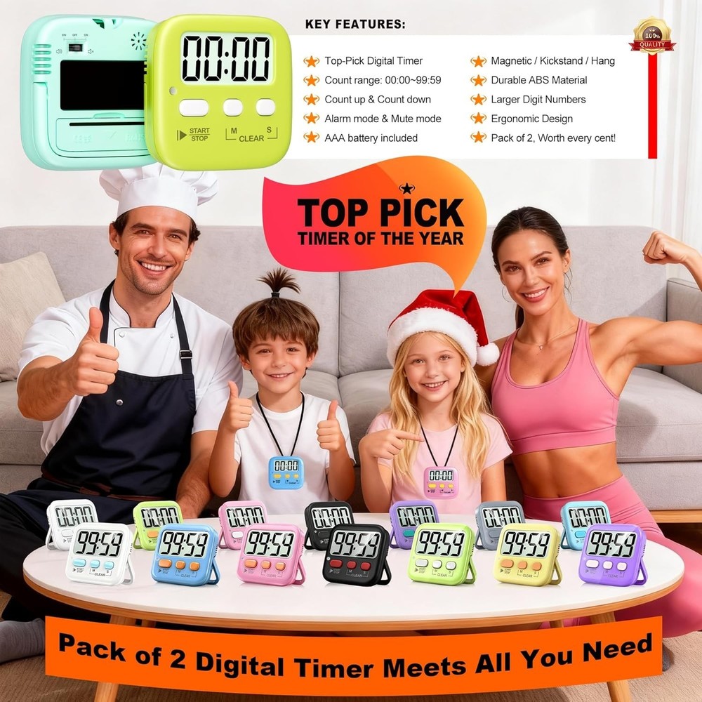 Versatile 2 Pack Digital Kitchen & Classroom Timers - Loud Alert & Silent Modes