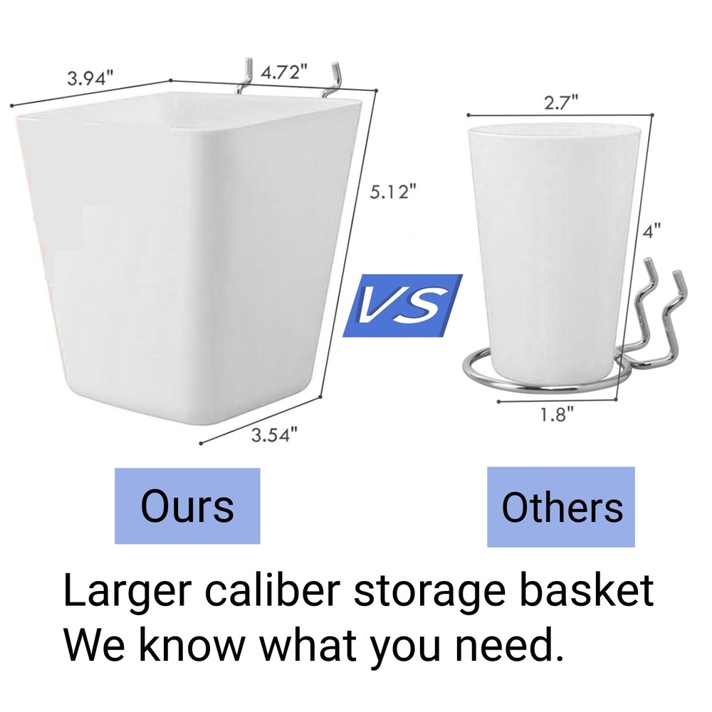 6Pack Pegboard Cups, Large Square Bins with Hooks, White, Polypropylene (PP),...