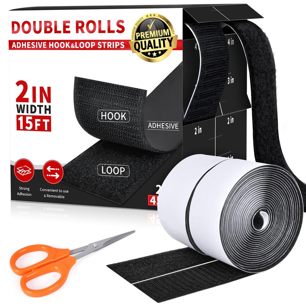 Self Adhesive Hook Loop Strips, 2Inch X 15Ft, Heavy Duty Nylon, Black