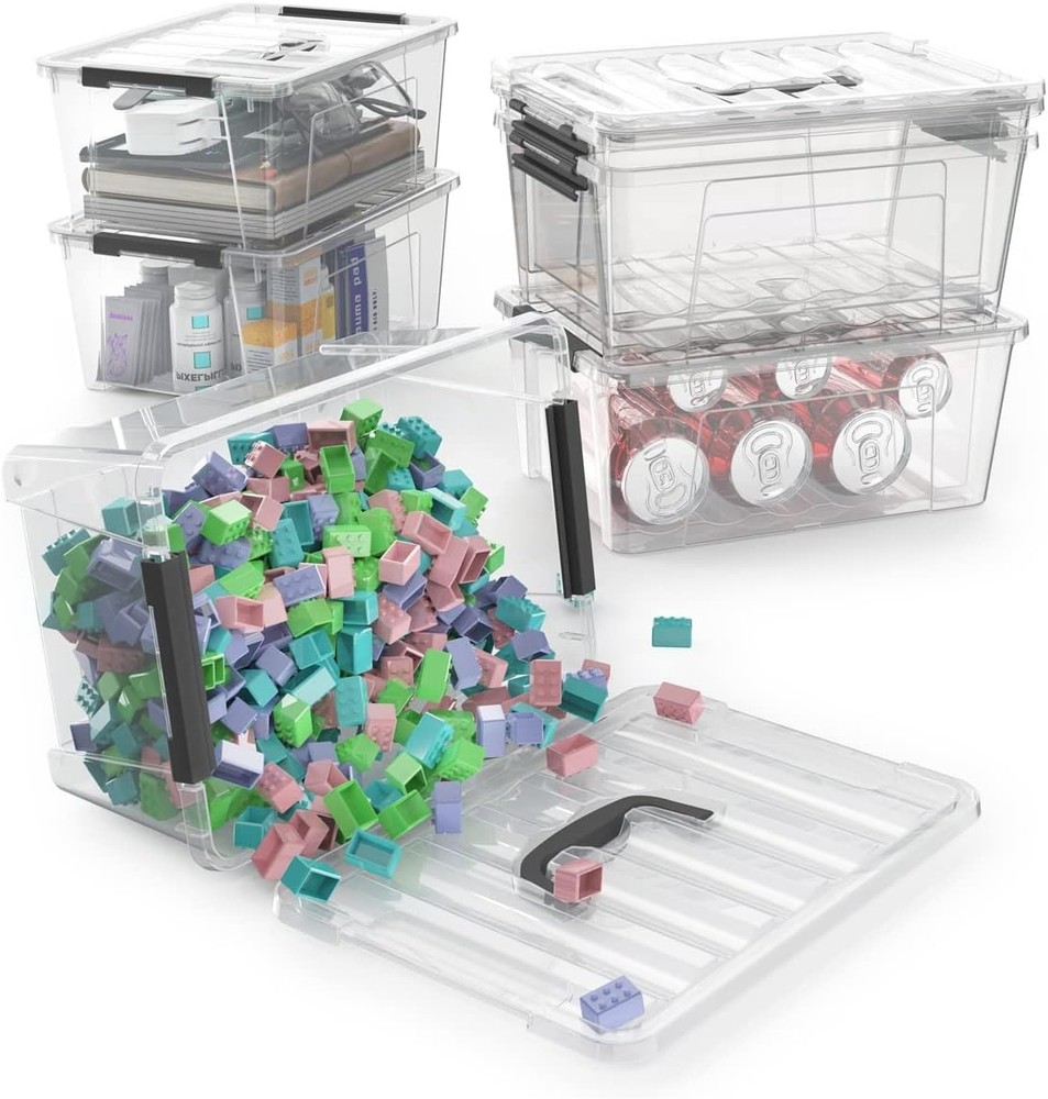 WYT Clear Storage Latch Bins, 6-Pack Organizer Box with Handle