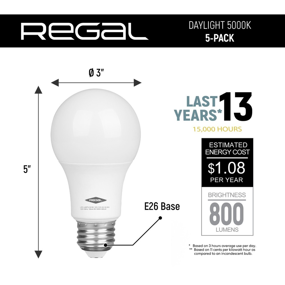 5 Pack Regal LED A19, E26 Light Bulbs Daylight 9W (60W Equivalent) 800 Lumens