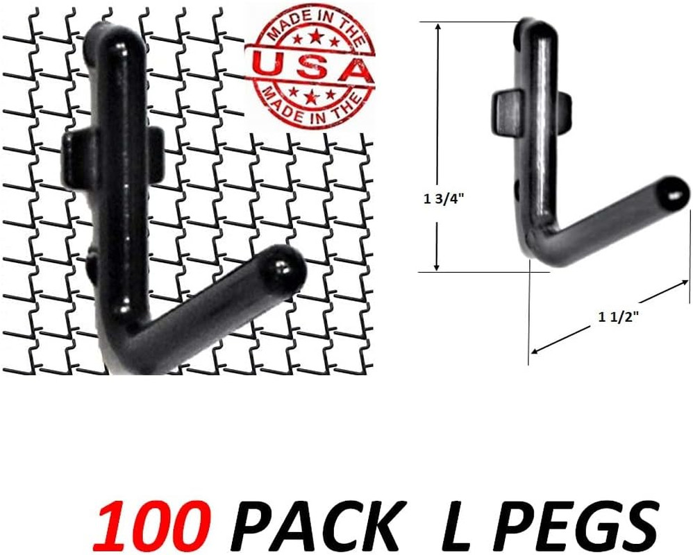 100Pcs Pegboard Accessory Peg Hook Set – Durable, Self-Locking Black 1/4" L-Styl