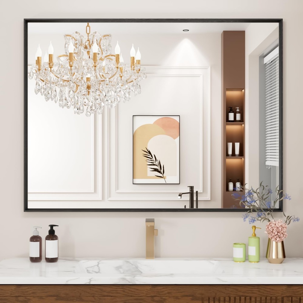 Bathroom Mirror, 24X36 Inch Matte Black Framed Mirror, Rectangular Wall Mirro...