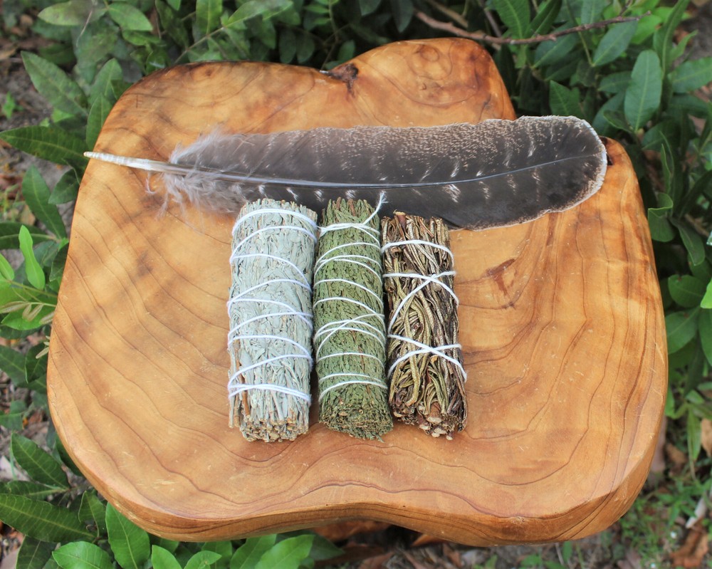 SAGE SMUDGE STICKS: BLUE, CEDAR & YERBA SAMPLER 3 PACK & SMUDGING FEATHER