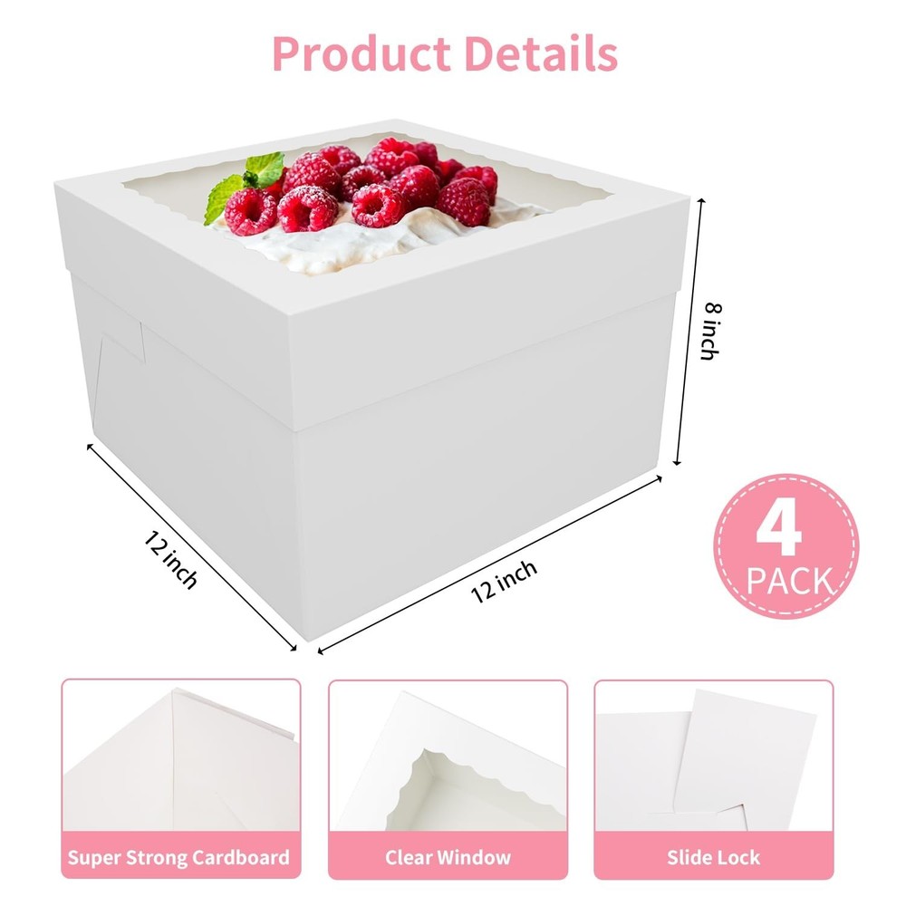 4 Pack 12x12x8 Inch White Cake Boxes with Window - Disposable Bakery Boxes fo...