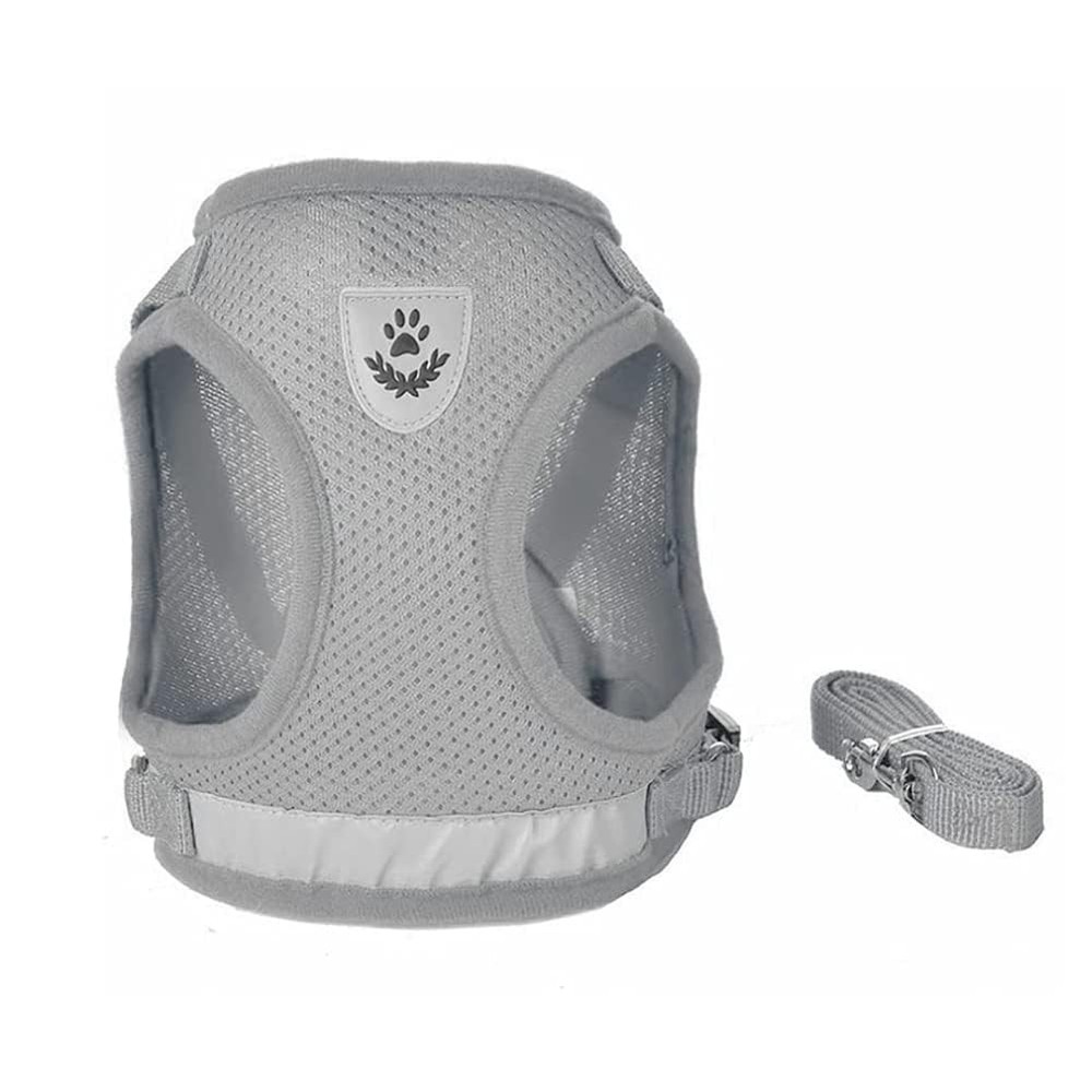 Dog Harness Leash Set Walking Soft Mesh Adjustable Reflective Grey X-Small