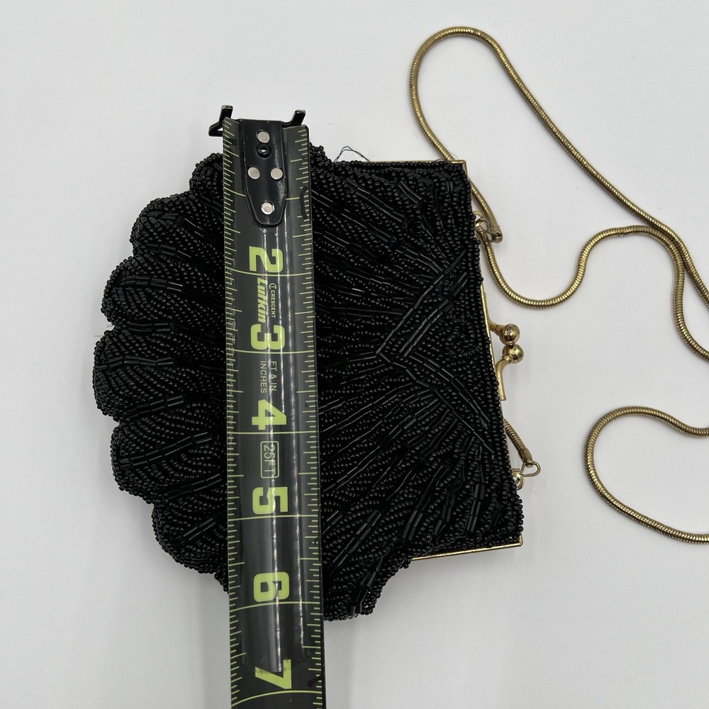 Clam Shell Black Beaded Vintage Clutch with Chain Strap