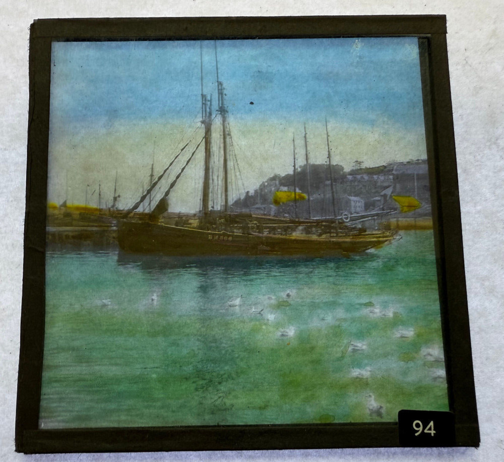 MAGIC LANTERN SLIDE COLOR SHIP IN HARBOR BRITISH? 1890s