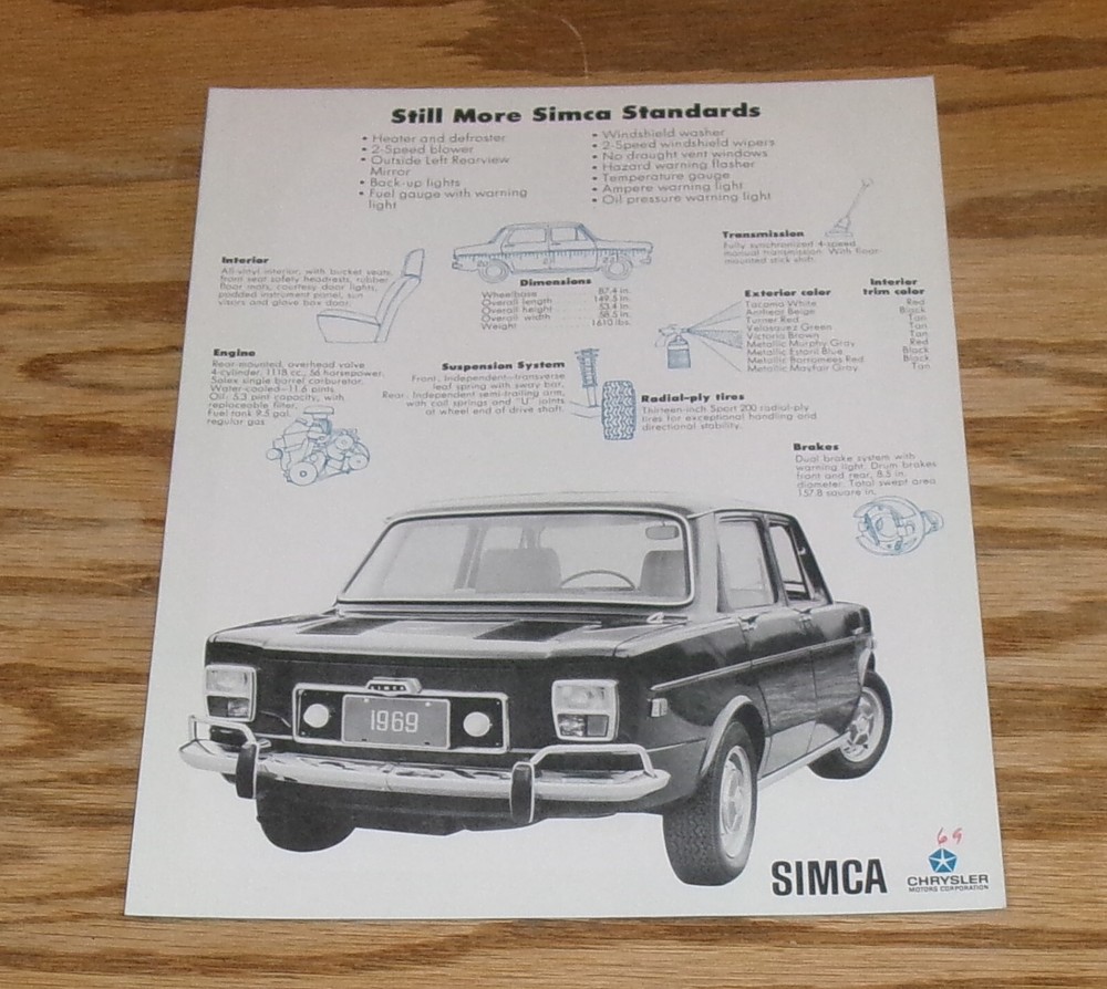Original 1969 Simca 1118 Sales Sheet Brochure 69