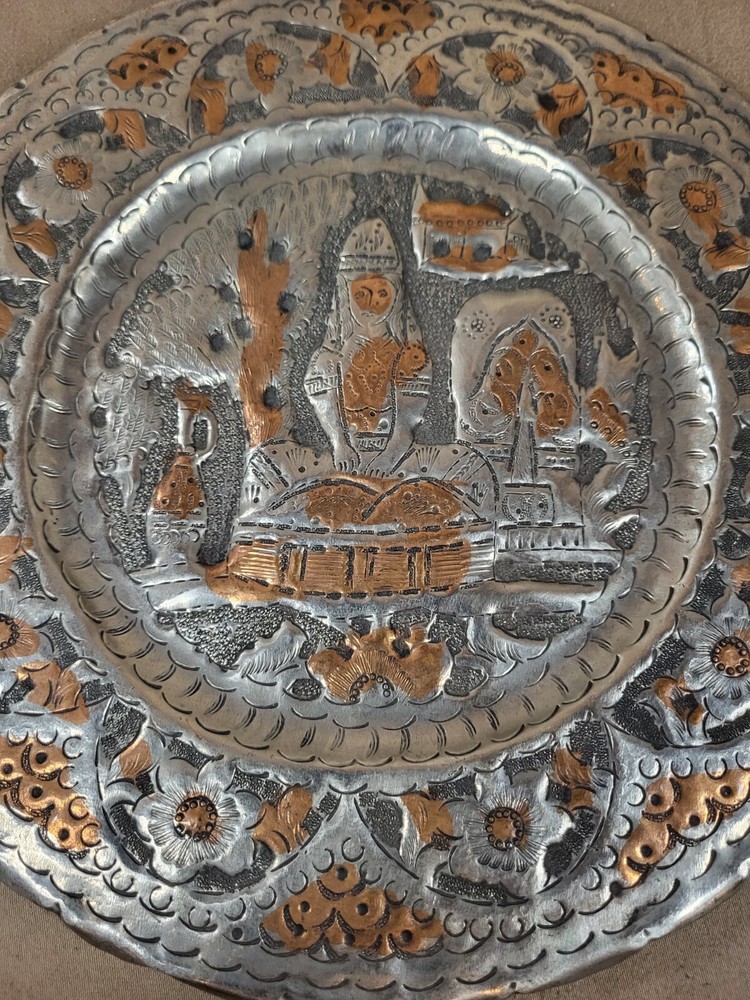 Vintage Hammered Copper & Silver Tone Hanging Wall Display Plate