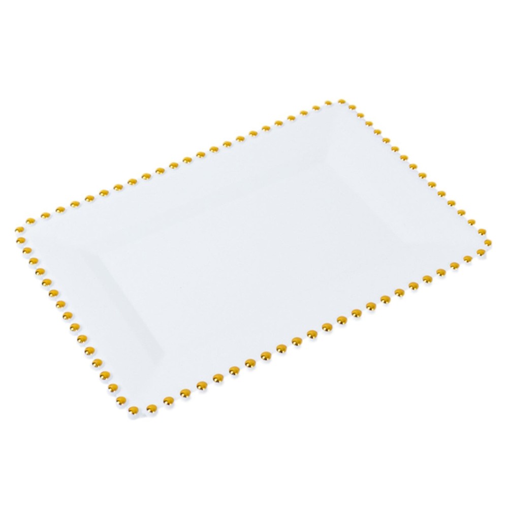 6 White with Gold Rectangular Acrylic Serving Trays with Gold Beaded Rim