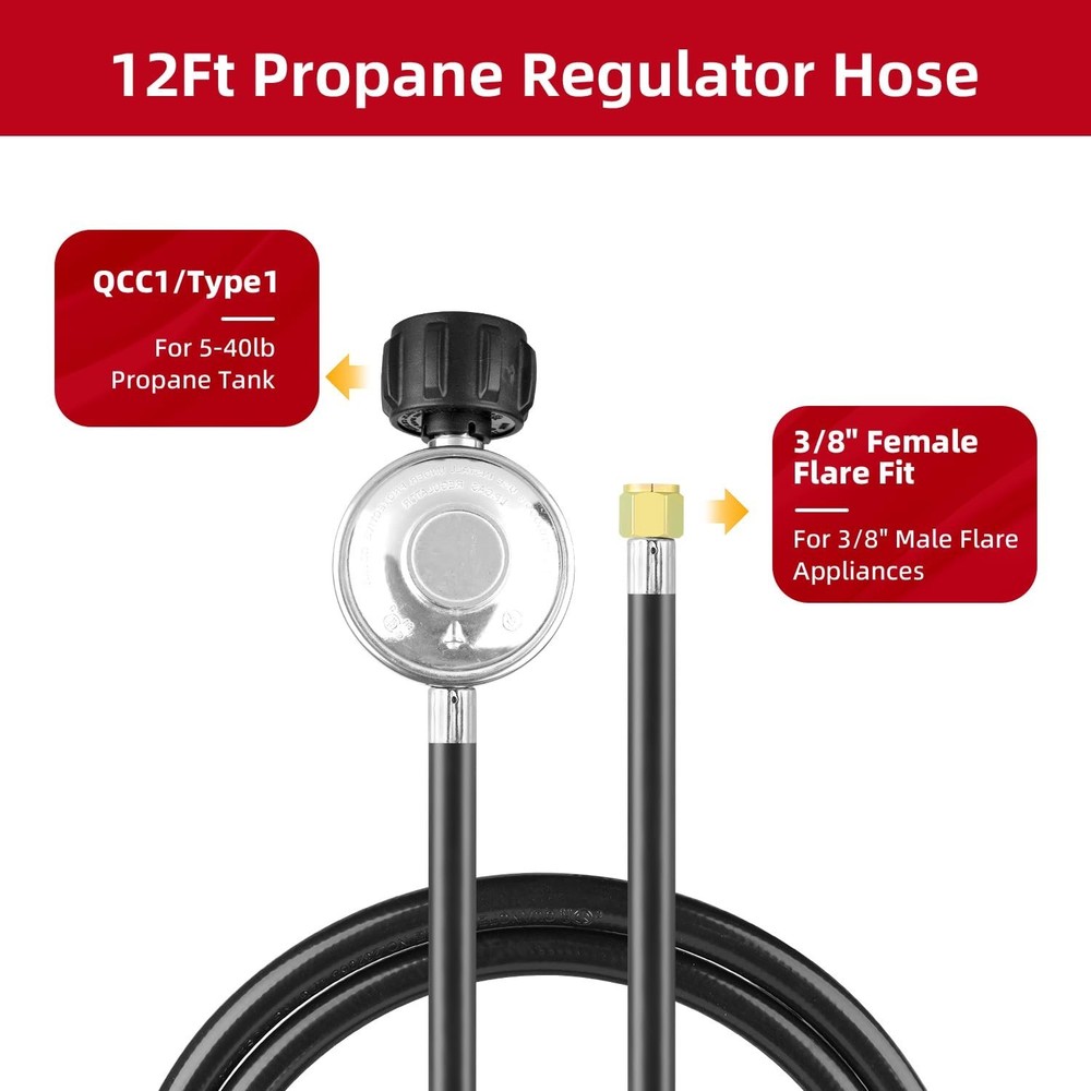 12FT QCC1 Low Pressure Propane Regulator with Hose, Universal Propane replace...
