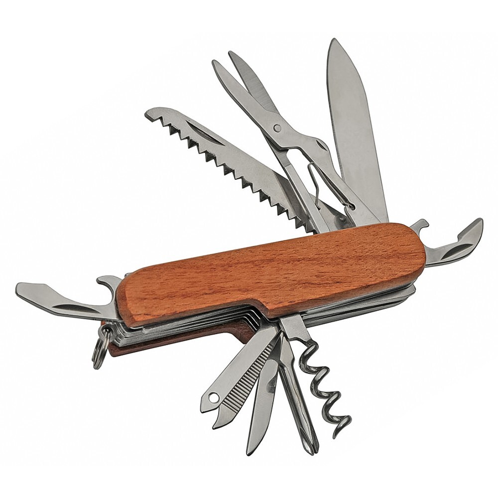 Multi-Function 13 Tools Camping Army Pocket Hunting Knife - 3 1/2" Wood Handle