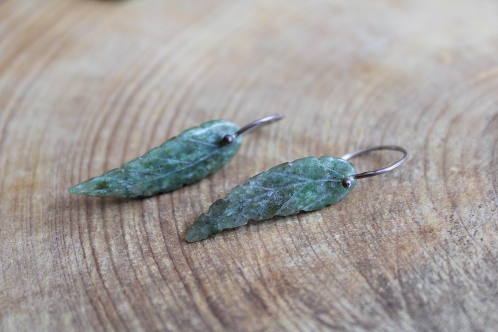 Carved Green Serpentine LEAF & Sterling Silver dangle Earrings