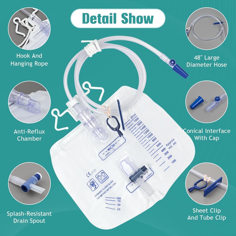 5 Pack Urinary Drainage Bag with Anti-Reflux Chamber, 2000ml Large Capacity, ...