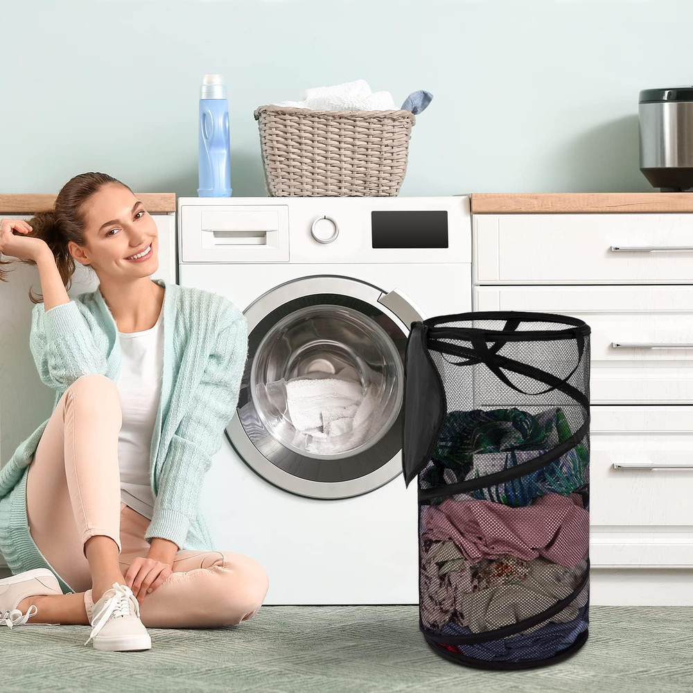 Large Collapsible Laundry Basket with Lid Foldable Mesh Pop Up Hamper with Handl