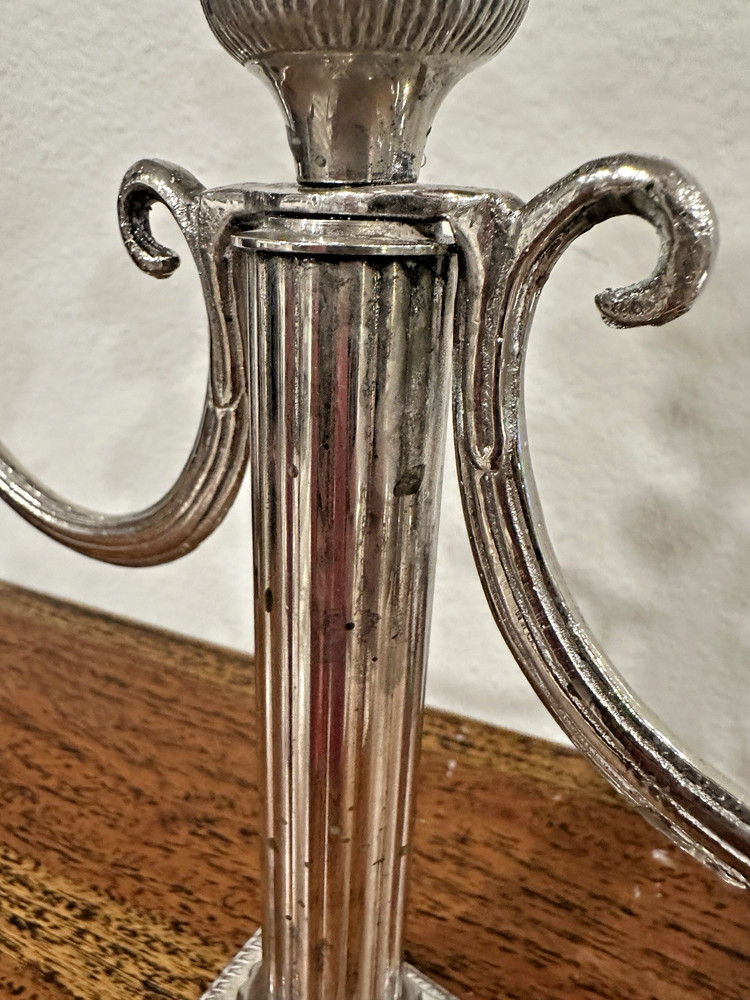 Empire Style Silver Plate 3-Light Candelabra Fluted Column, Square Base 11" tall