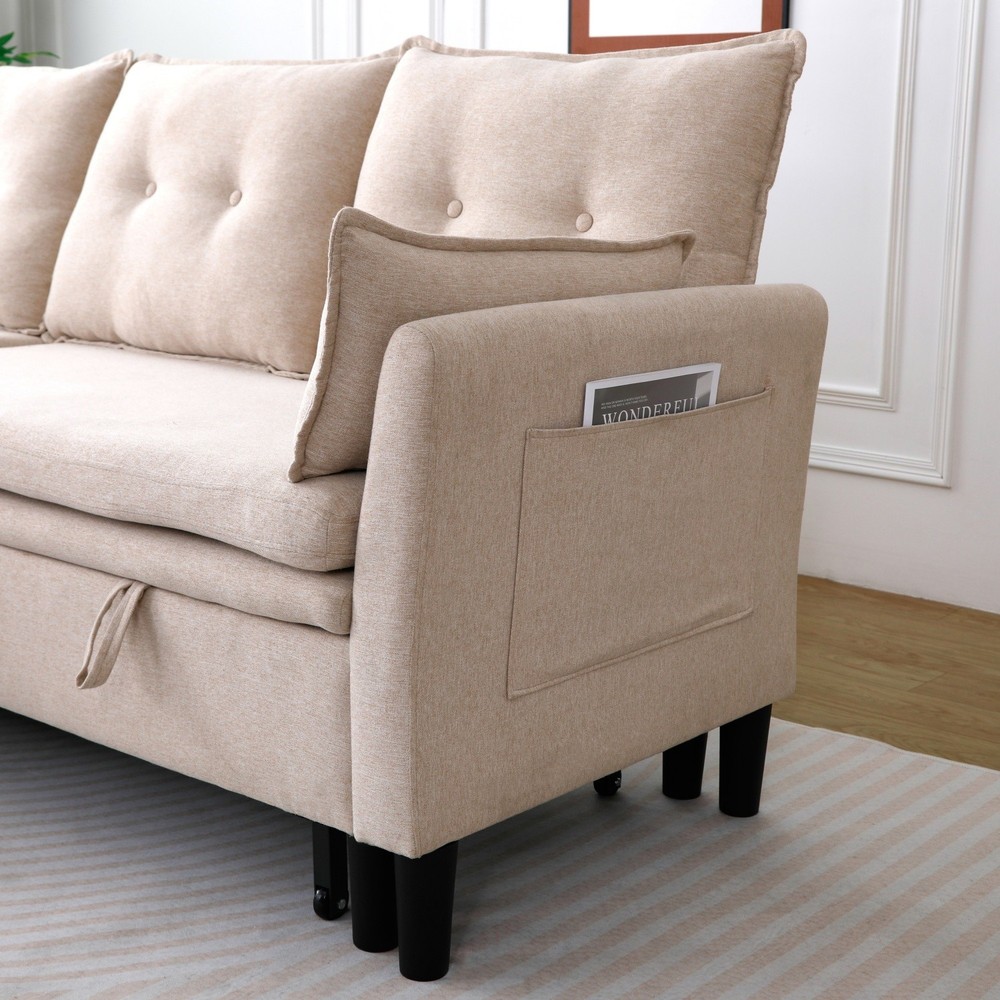 Modern L-Shaped Cotton-Linen Sectional Sleeper Sofa with Pull Out Bed & Storage