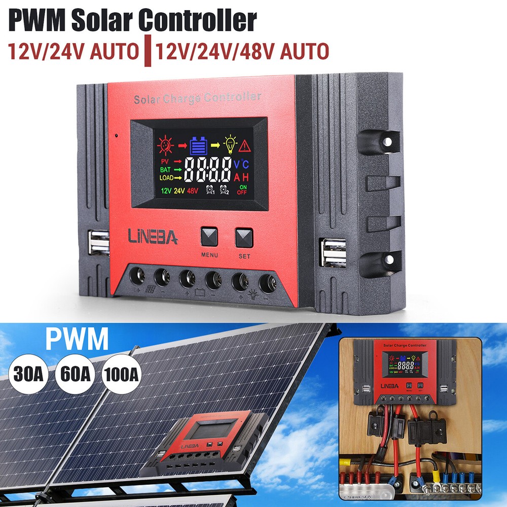 PWM Solar Charge Controller 100A/60A/30A 12V/24V/48V Panel Battery PV Regulator