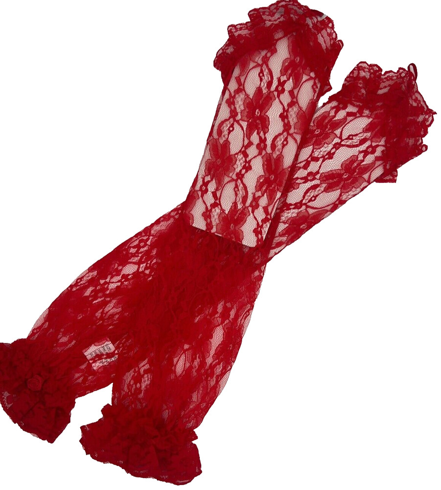 Long Red Lace Gloves Ruffles without Fingers