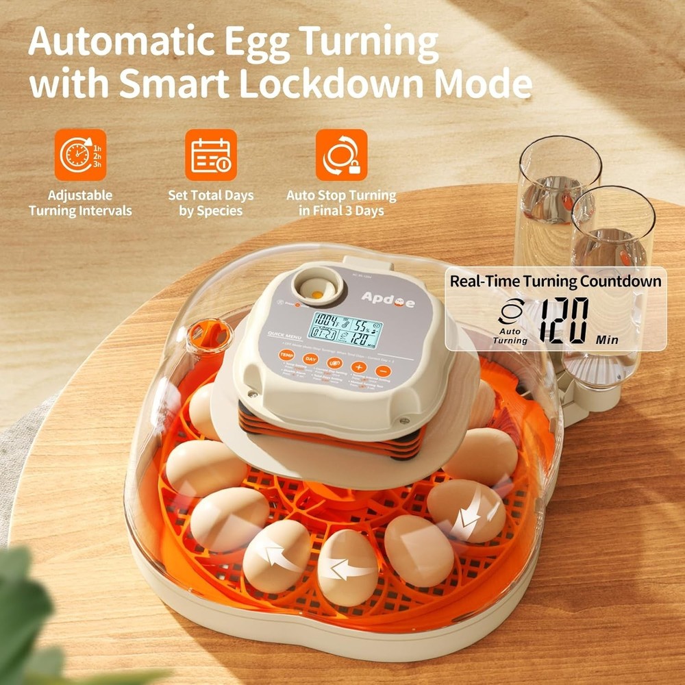 Chicken & Quail Egg Incubator, 2 Egg Trays, Automatic Egg Turning with Auto S...