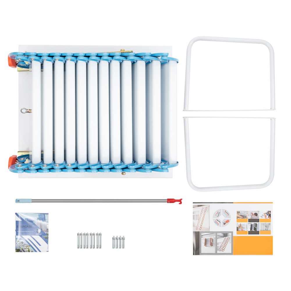 12 Steps Pull Down Attic Stairs Wall Mount Folding Stairs Ladder With Armrests