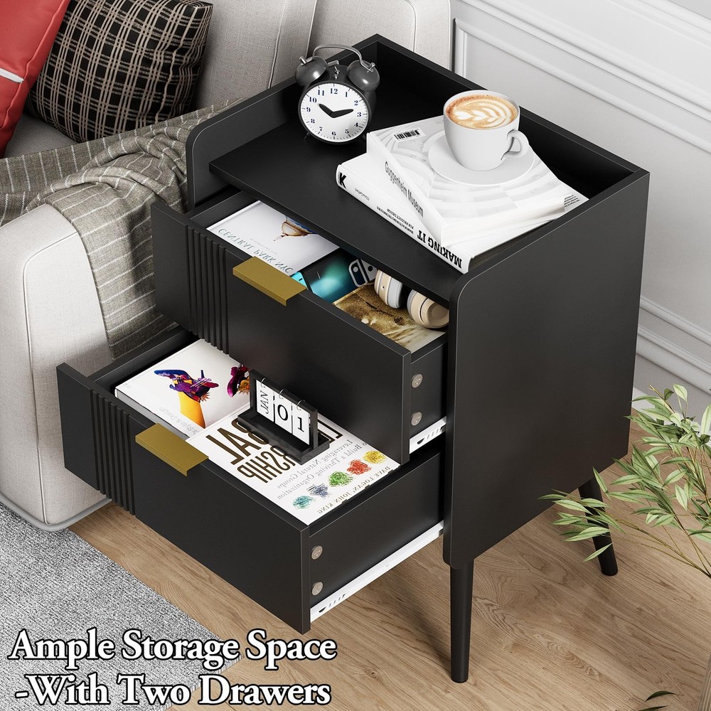Black Nightstand Modern Bedside Table with 2 Storage Drawer, Small Night Stan...