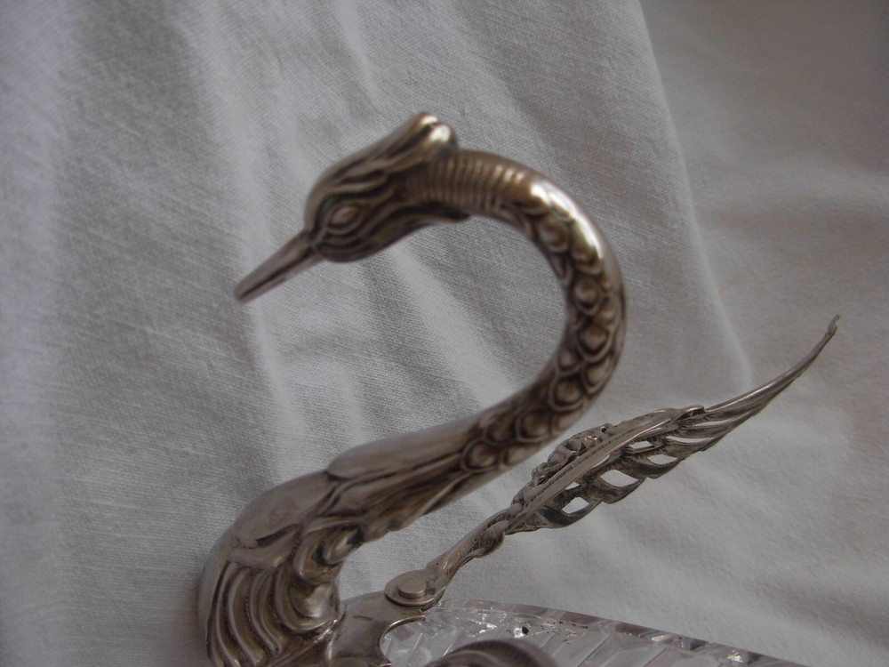 ANTIQUE SOLID SILVER CUT CRYSTAL SALT CELLAR,SWAN SHAPE,20th CENTURY.