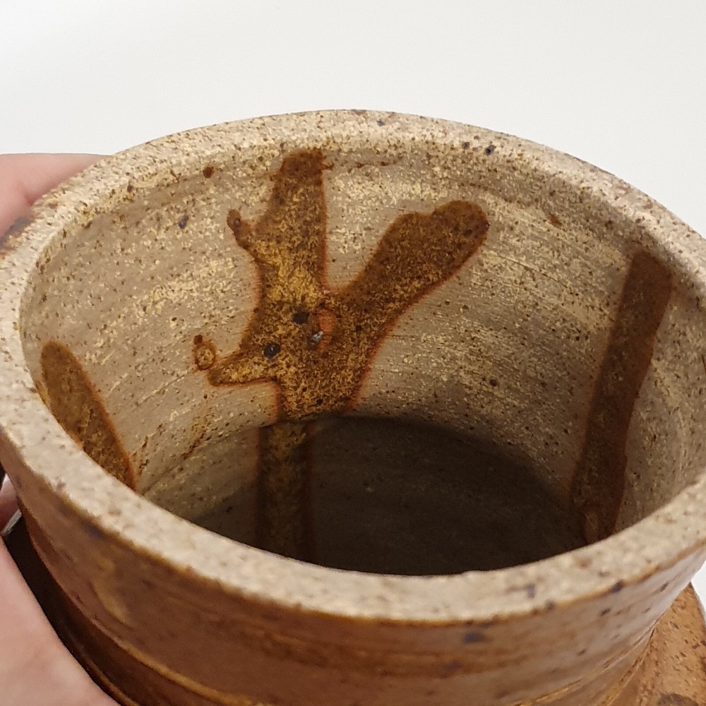 Vintage MCM Earthenware Covered Jar Ash Glaze Threaded 6.5"H Signed