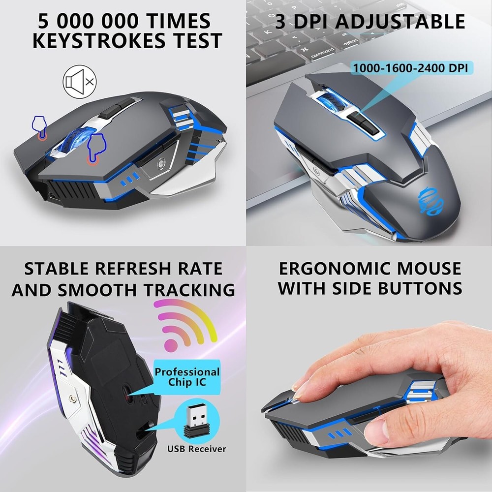 Multi-Mode Wireless Mouse - 2400 DPI - 7 Buttons - Rechargeable Battery - Grey