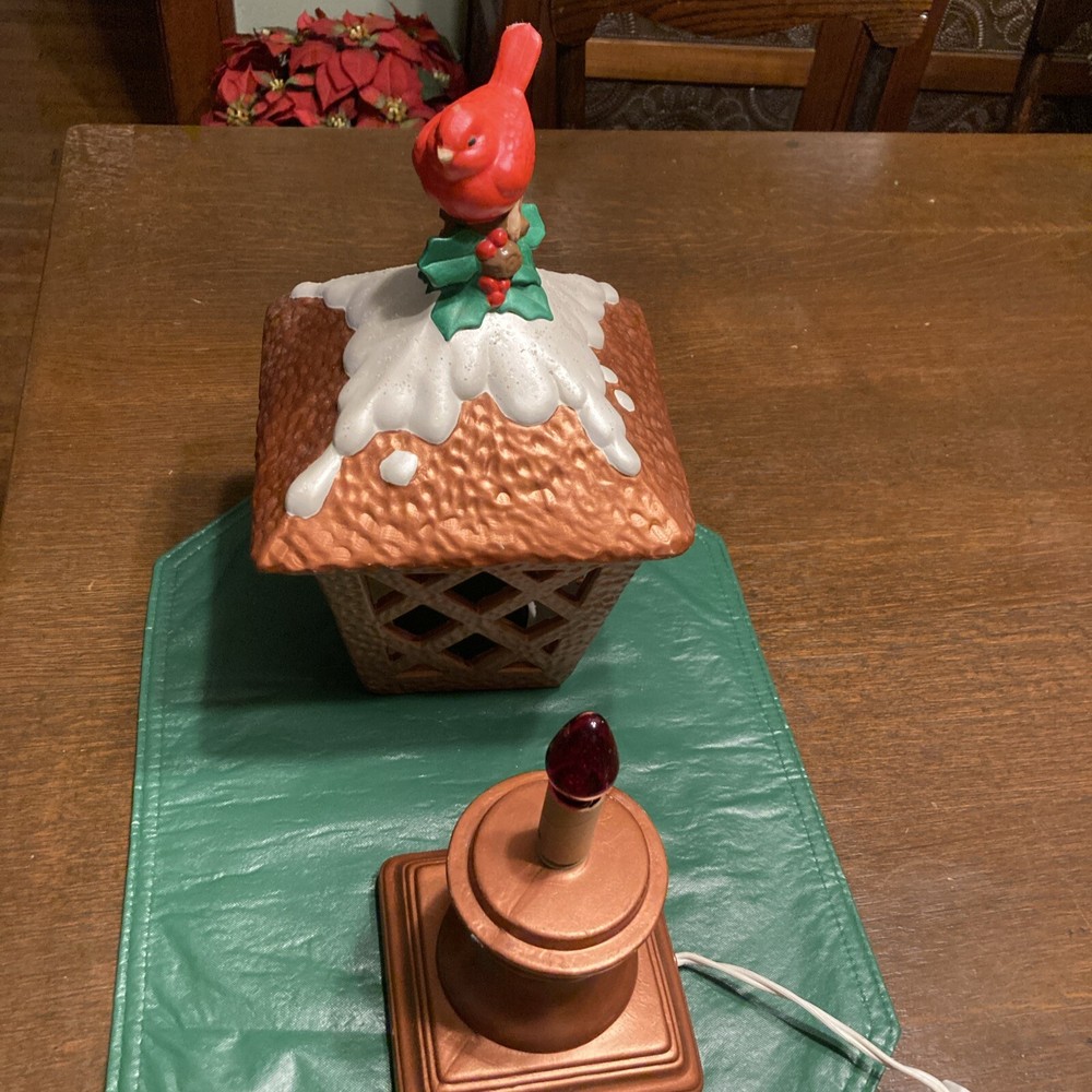 Christmas Ceramic Post Lantern With Snow And Red Bird Cardinal