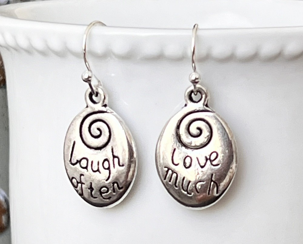 Silver Dangle Earrings. Love Much and Laugh Often. Reversible.