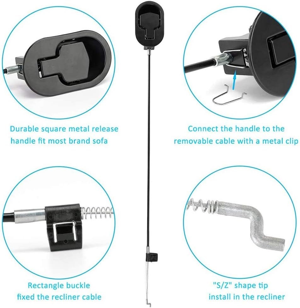 2Pcs Universal Metal Recliner Handle Replacement & Cable, Easy Install Kit
