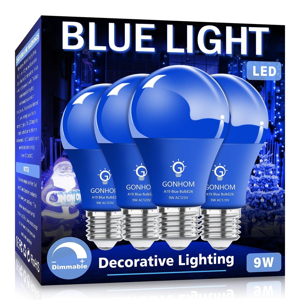 4 Pack A19 LED Blue Light Bulb,9 Watt Blue Lights Equivalent 100 Watt Colored
