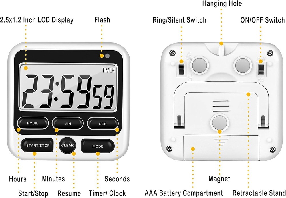 High-Volume & Mute Digital Timer with Memory Function - Stylish Black Design