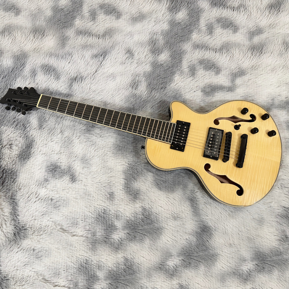 7-String Semi-Hollow Electric Guitar Natural Flame Maple Black Hardware