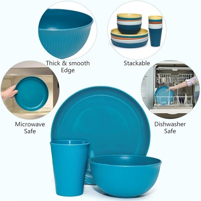 42Pcs Unbreakable Wheat Straw Dinnerware Set Eco Friendly Dishwasher Safe New