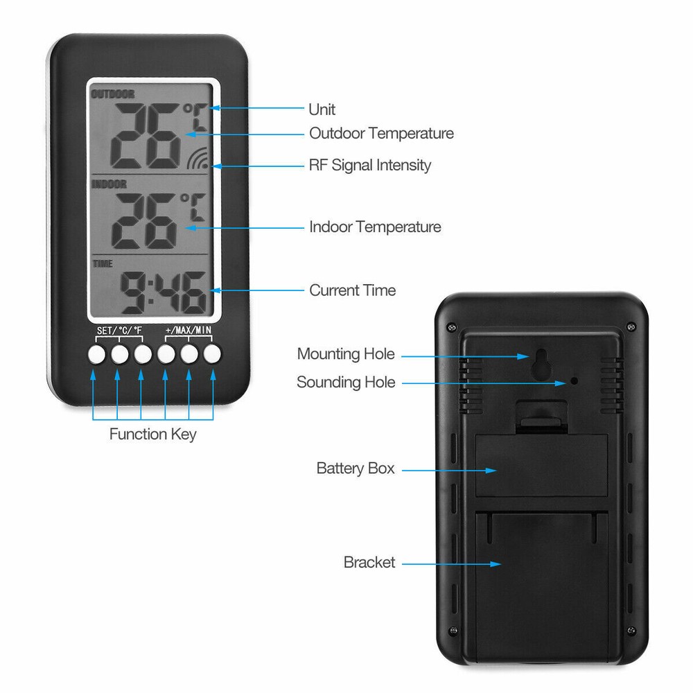 Digital Thermometer Indoor Outdoor Wireless LCD Clock Temperature Transmitter US