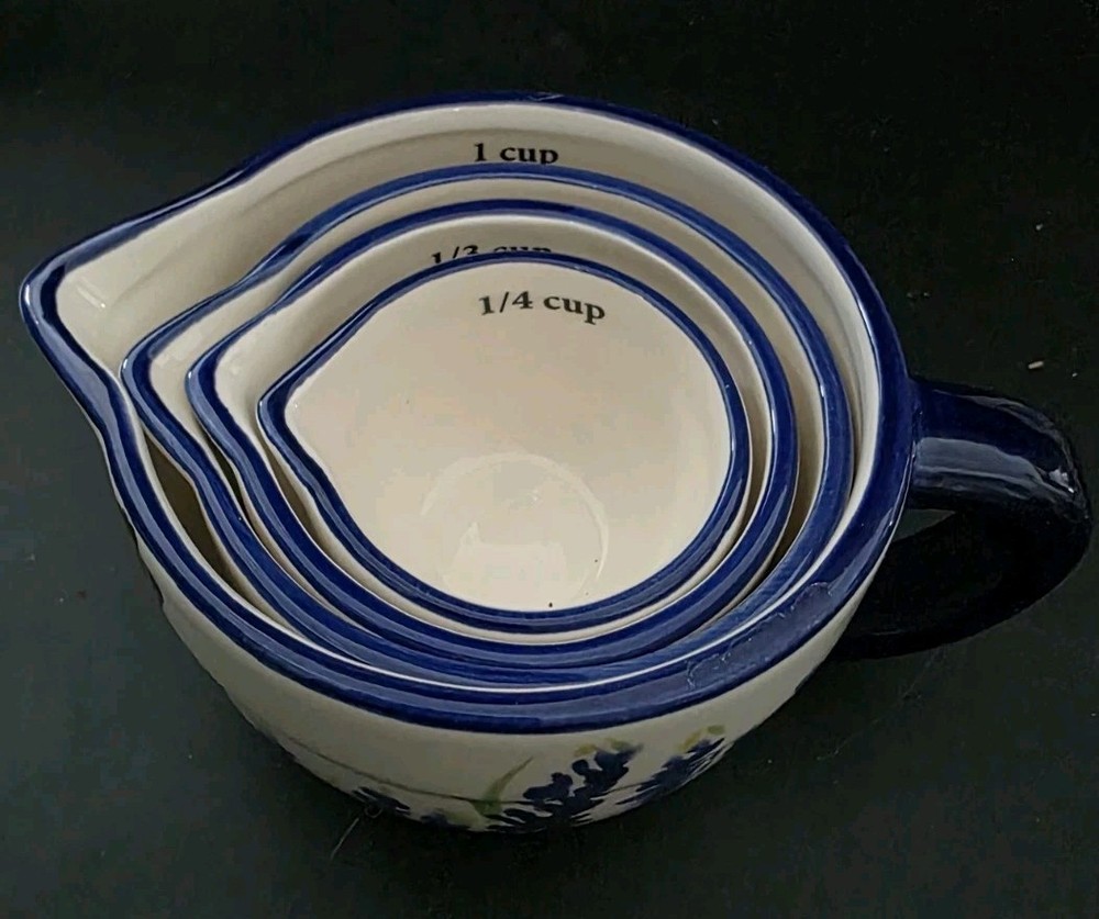 Haven Key Ceramic Nesting Measuring Cups Handpainted Blue White Florals Cottage