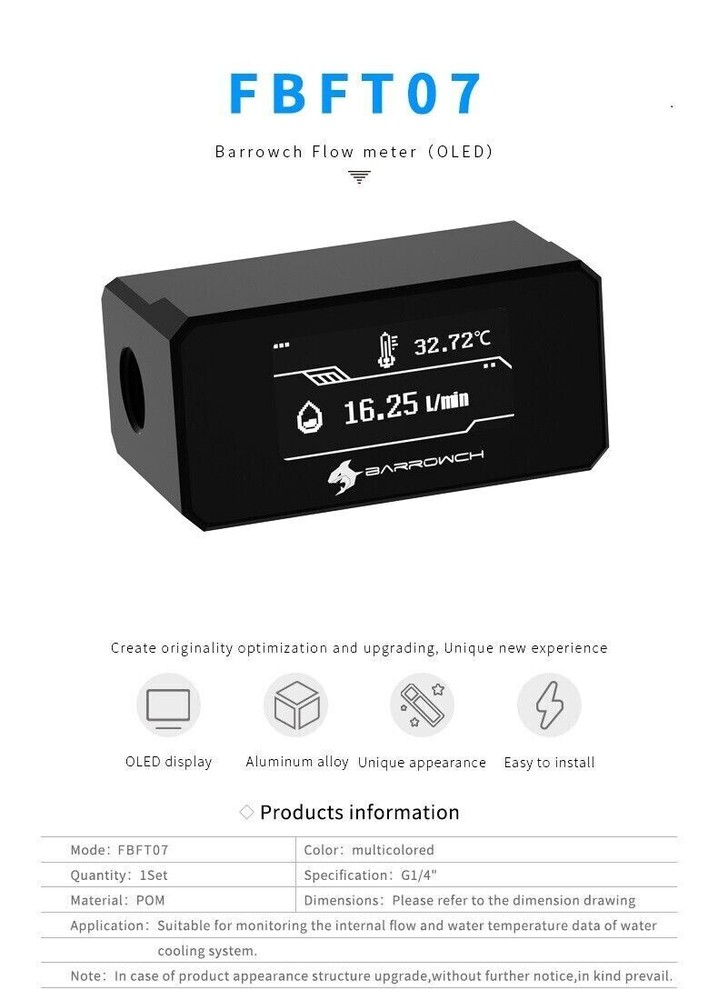 G1/4 Thread 2 Way Water Cooling Flow Meter Indicator Temperature Digital Display