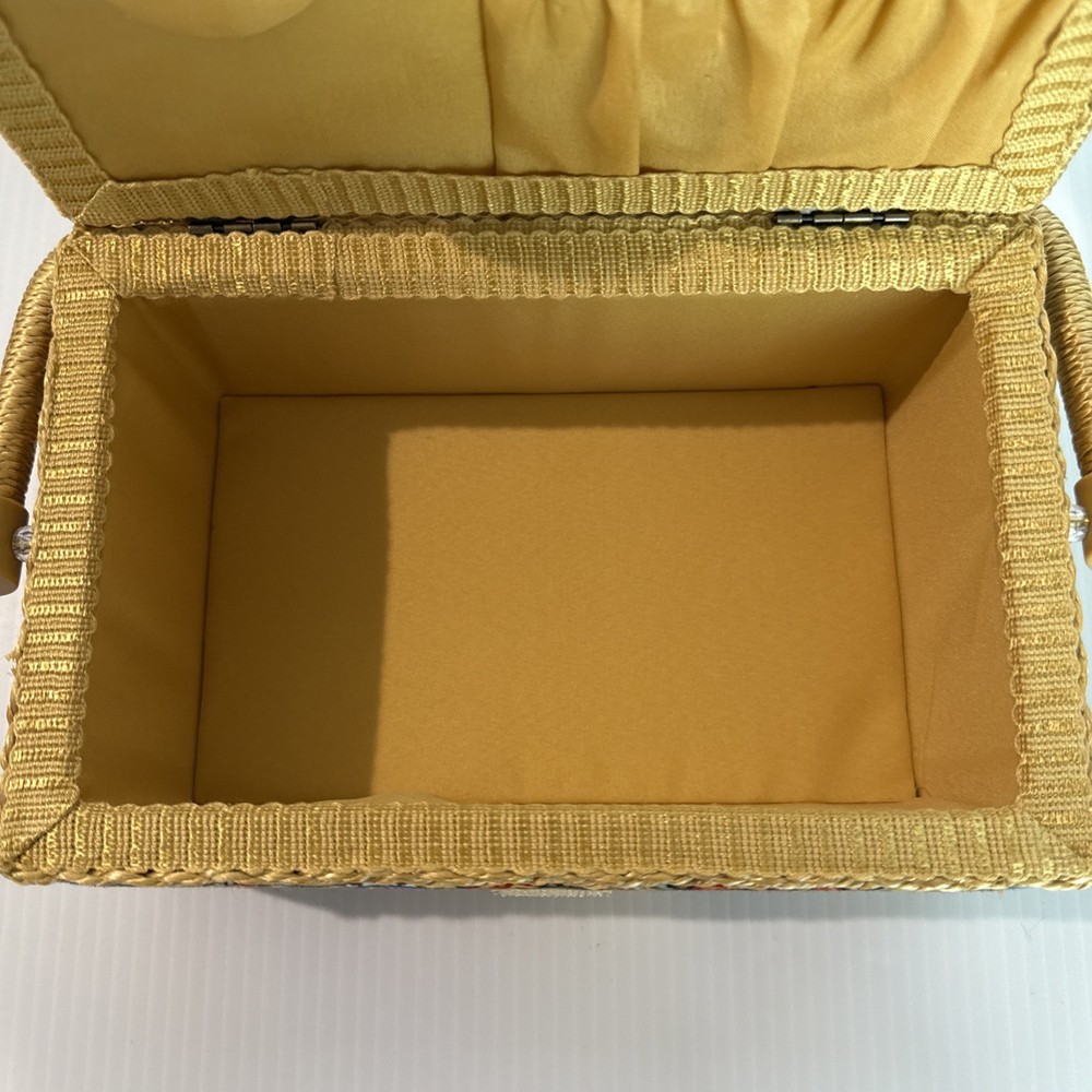 Sewing Basket Fabric Covered Rectangular Straps Handle Plastic Insert