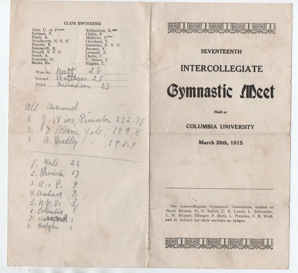 1915 Intercollegiate Gymnastics Meet Program at Columbia University
