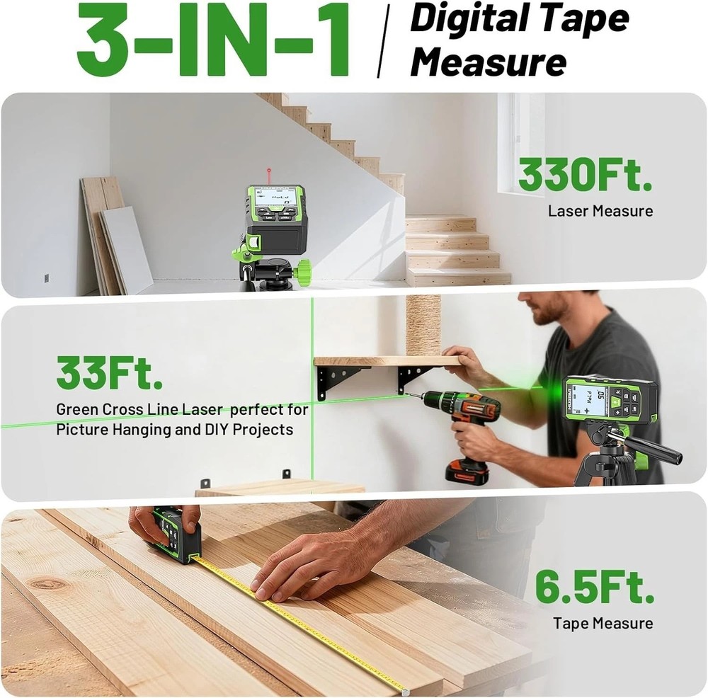 Versatile 3-in-1 Laser Measurement Tool - 330ft Range, Rechargeable & Rugged