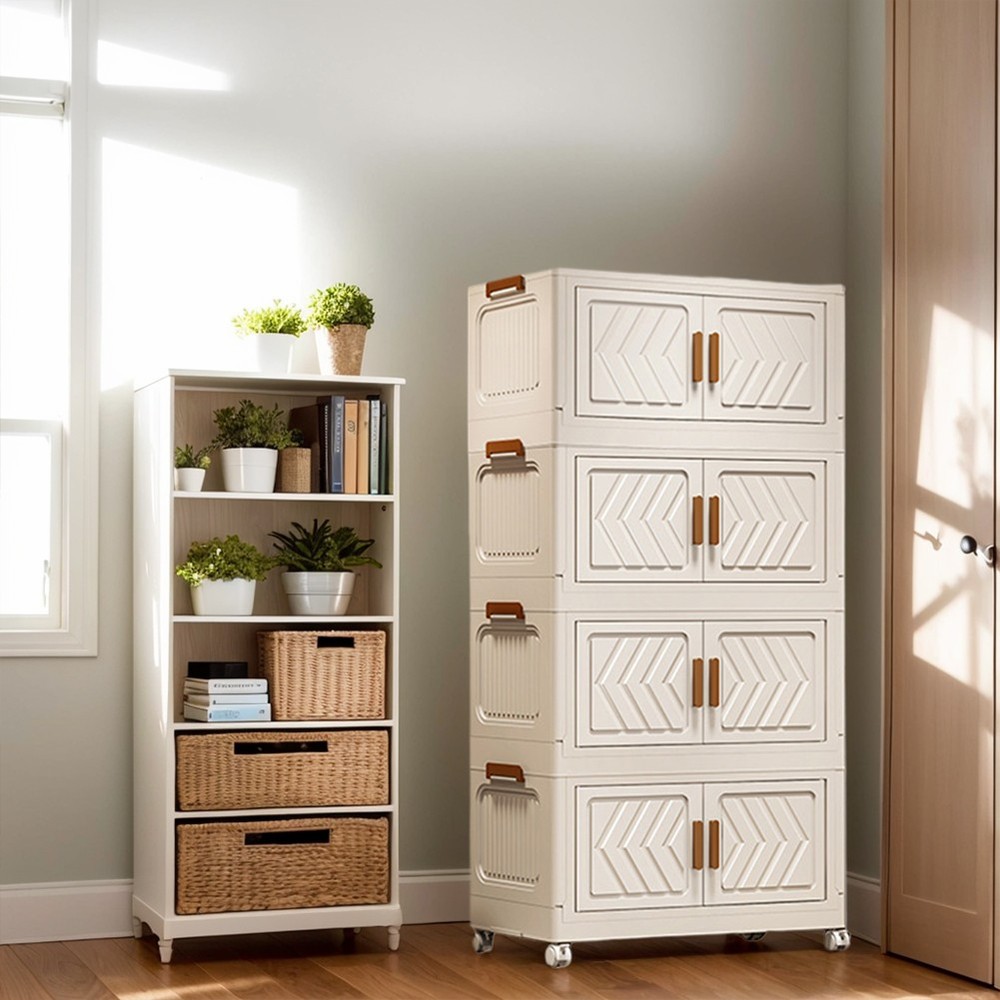 (White)4 Tier Stackable Storage Bins with Lids Doors Wheels Storage Drawer (Whit