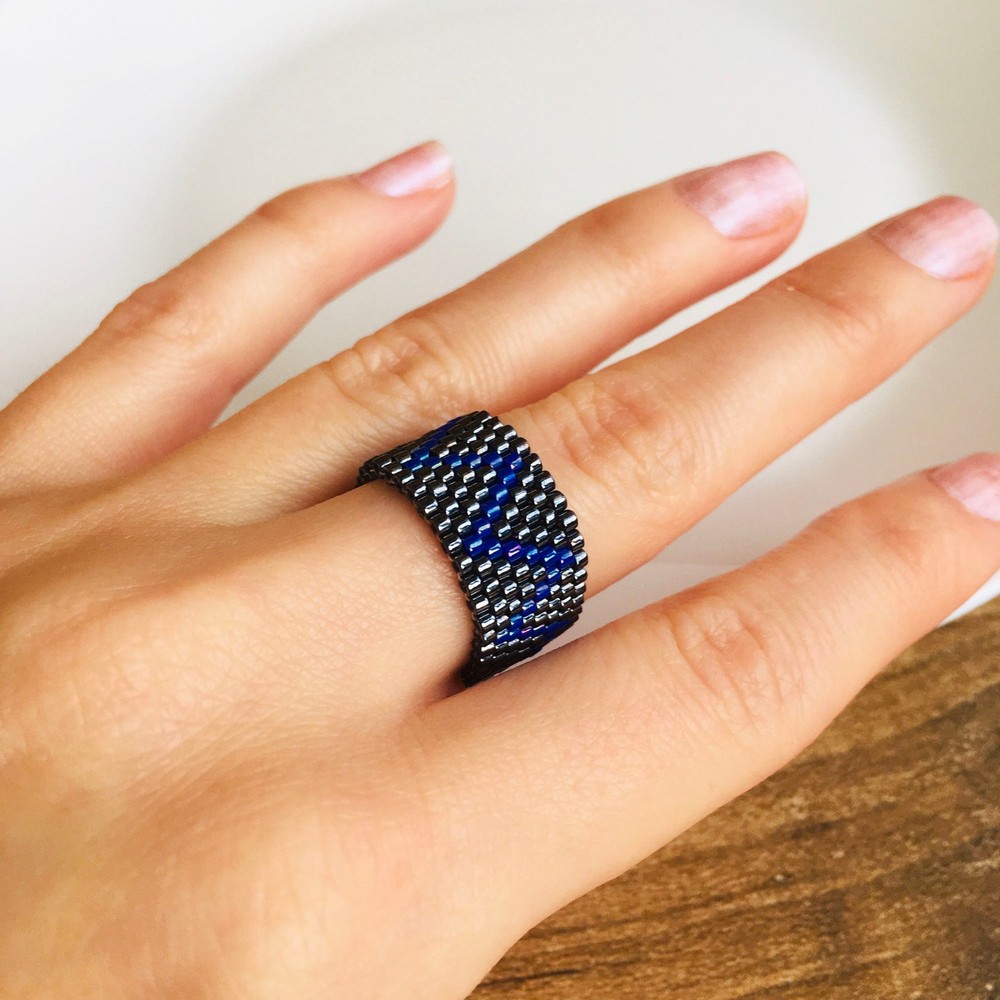 Geometric Beaded Ring, Custom Miyuki Seed Bead Wide Band Ring, Zigzag Pattern