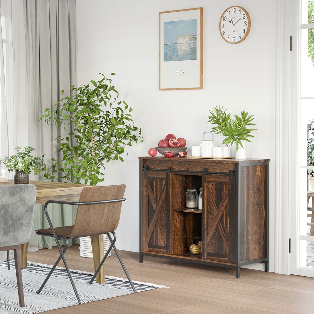 Industrial Kitchen Sideboard, Buffet Cabinet w/ Sliding Barn Doors, Rustic Brown