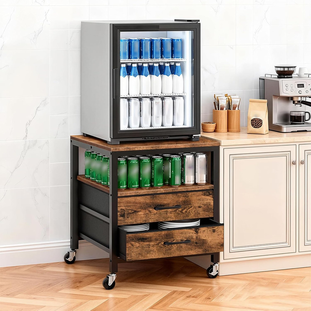 4-Tier Rolling Mini Fridge Stand with Drawers, Rustic Brown & Black