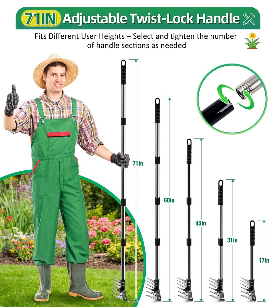 Weed Rake Tool Iron Weed Puller with 71" Adjustable Long Handle, 6 Teeth Gard...